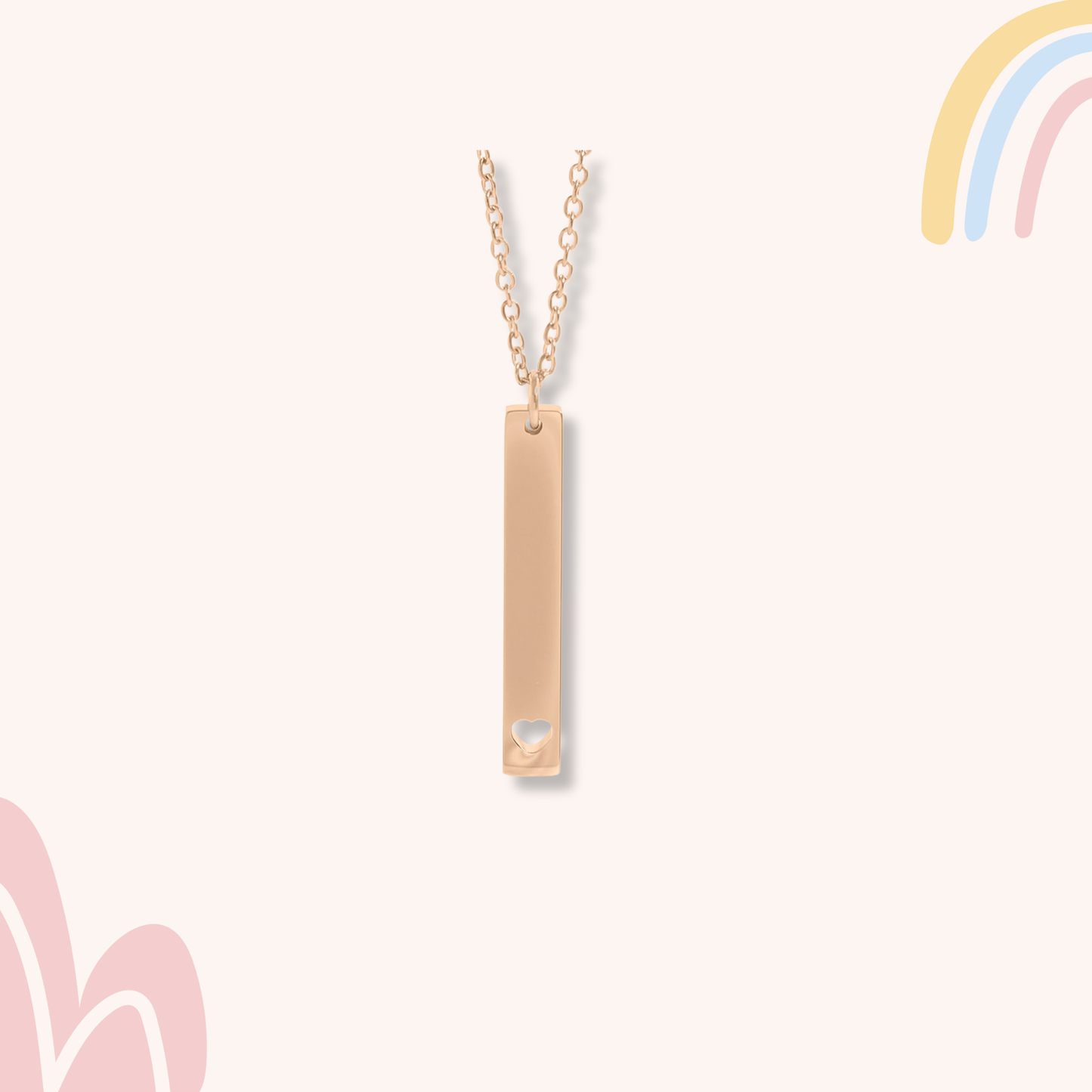 Stylish heart-shaped vertical bar necklace with custom engraving in Palm Beach. 